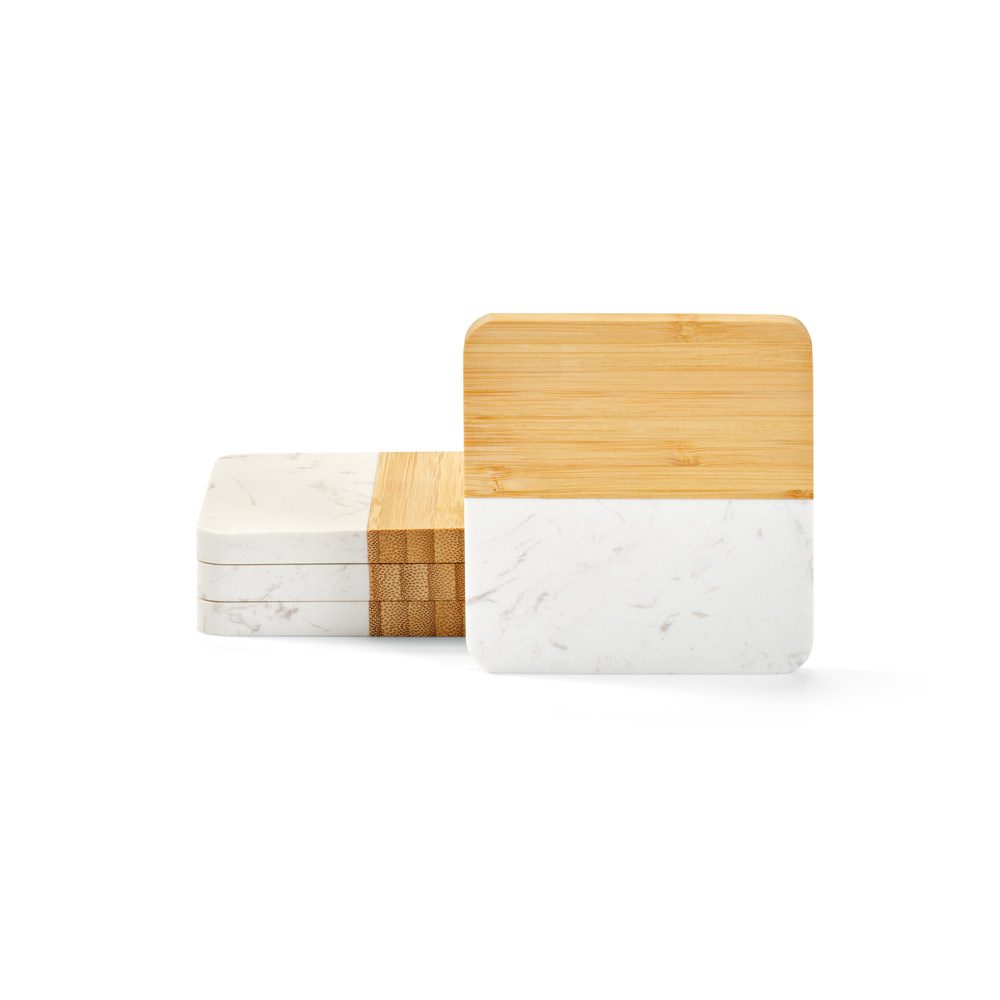 Kit de 4 Porta Copos em Mármore e Bambu Personalizado - S94338 para Brindes de Eventos e Feiras da Zen Brindes.