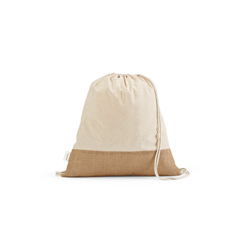 Mochila Saco Algodão Reciclado e Juta Personalizado - S92344 para Brindes de Eventos e Feiras da Zen Brindes.