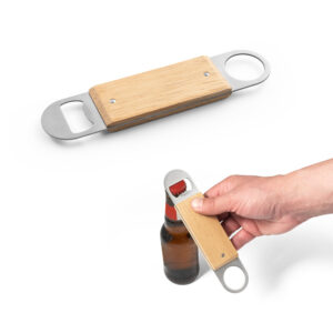 Abridor de Garrafa em Inox e Bambu Personalizado - S94361 para Brindes de Eventos e Feiras da Zen Brindes.