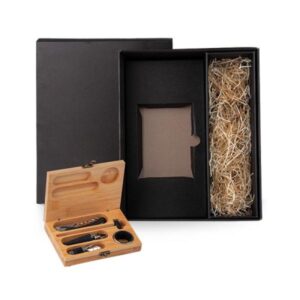 Acessórios para Vinho Personalizado com Estojo em Bambu - MKT-9024R para Brindes de Eventos e Feiras da Zen Brindes.