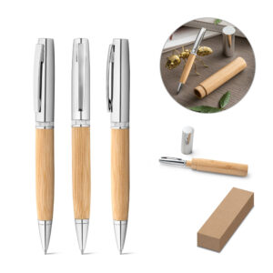 Caneta Personalizada de Bambu e Metal com Estojo - S91775 para Brindes de Eventos e Feiras da Zen Brindes.