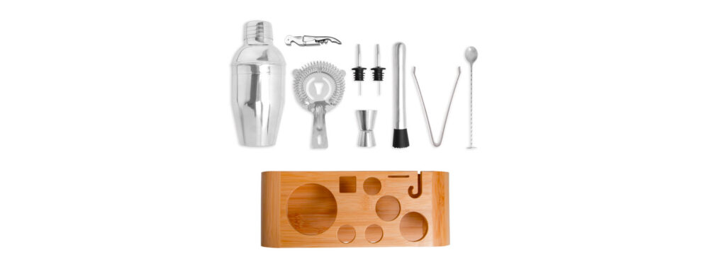 Kit Bar Personalizado com Base em Bambu 10 Peças - MKB-00483 para Brindes de Eventos e Feiras da Zen Brindes.