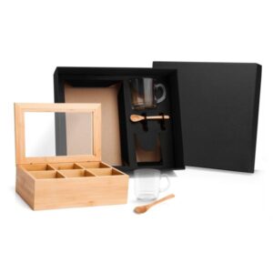 Kit Chá Personalizado com Caixa em Bambu 5 Peças - MKT-90141 para Brindes de Eventos e Feiras da Zen Brindes.