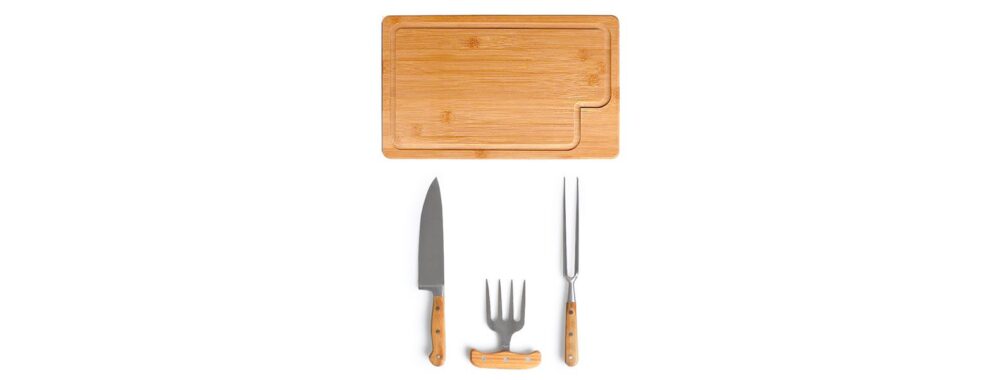 Kit Churrasco em Bambu Personalizado - MME-049A3 para Brindes de Eventos e Feiras da Zen Brindes.