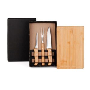 Kit Churrasco em Bambu e Inox Personalizado - MME-19123 para Brindes de Eventos e Feiras da Zen Brindes.