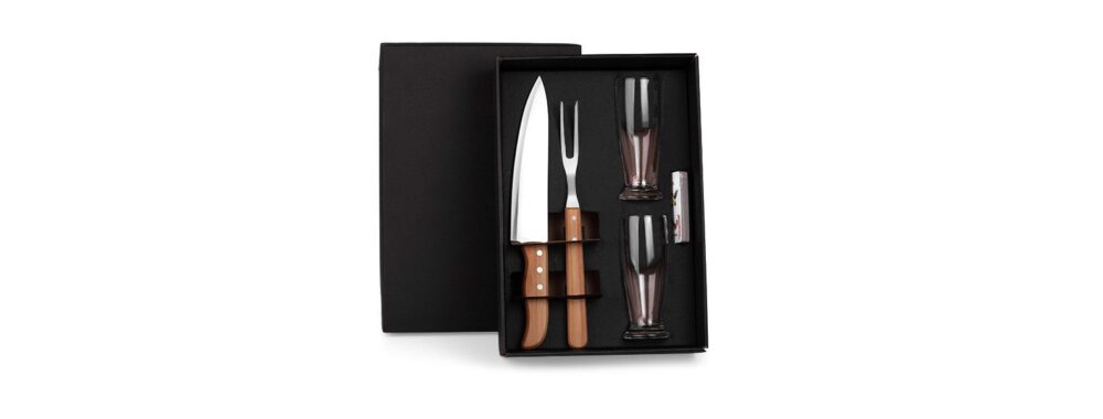 Kit Copos e Facas 5 Peças Personalizado - MKT-9040W para Brindes de Eventos e Feiras da Zen Brindes.