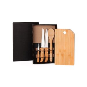 Kit Cozinha e Pão em Bambu e Inox Personalizado - MME-20133 para Brindes de Eventos e Feiras da Zen Brindes.