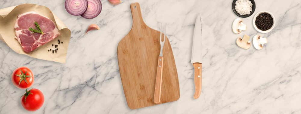 Kit Cozinha em Bambu Personalizado 3 Peças - MMB-33063 para Brindes de Eventos e Feiras da Zen Brindes.