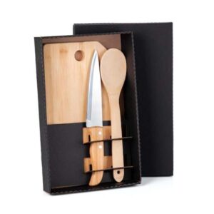 Kit Cozinha em Bambu e Inox 3 Peças Personalizado - MME-20173 para Brindes de Eventos e Feiras da Zen Brindes.