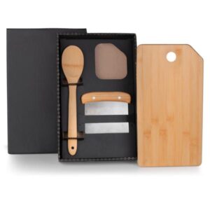Kit Cozinha em Bambu e Inox Personalizado - MKT-90180 para Brindes de Eventos e Feiras da Zen Brindes.