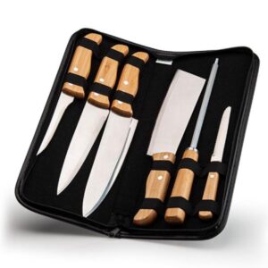 Kit Facas Personalizado Inox e Bambu com Estojo 7 Peças - MPB-00223 para Brindes de Eventos e Feiras da Zen Brindes.