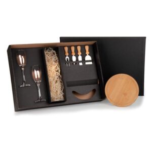 Kit Queijo e Champagne Personalizado 7 Peças - MKT-9017B para Brindes de Eventos e Feiras da Zen Brindes.