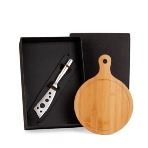 Kit Queijo em Bambu e Inox 2 Peças Personalizado - MKT-90101 para Brindes de Eventos e Feiras da Zen Brindes.