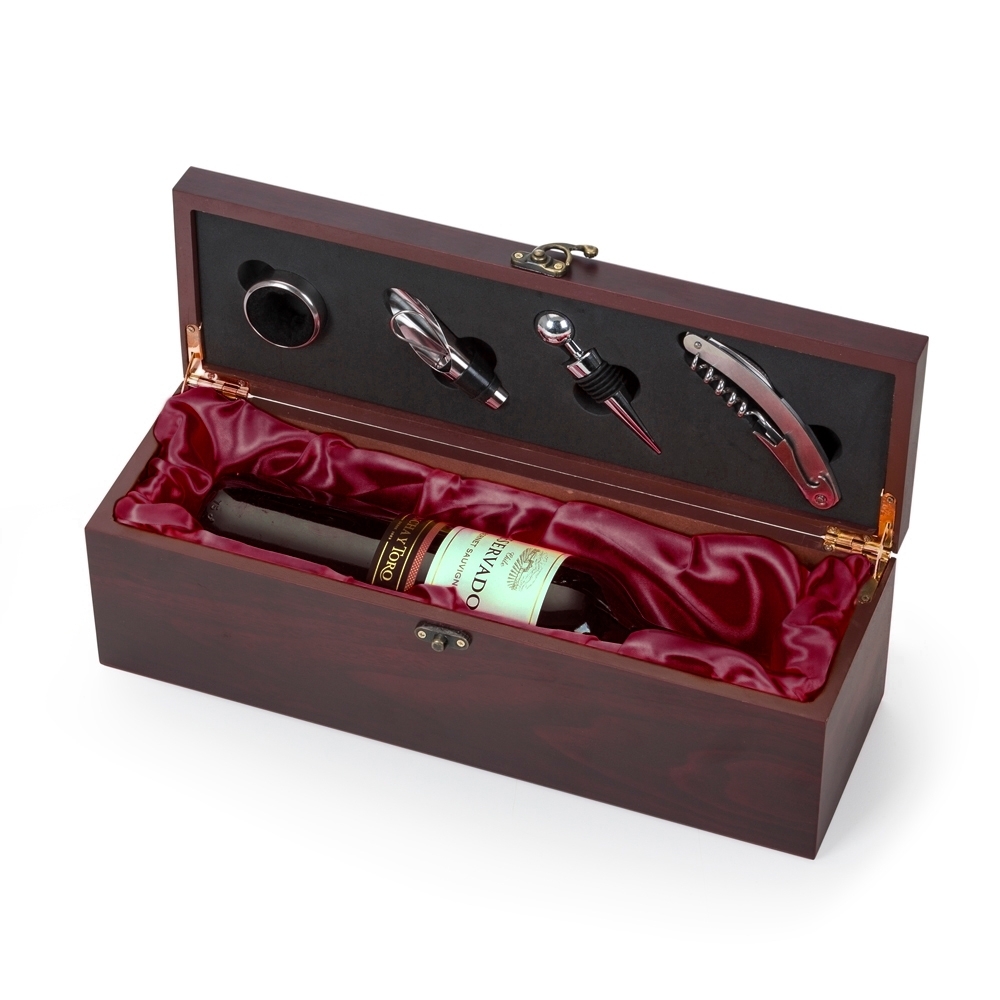 Kit Vinho Personalizado Caixa de Madeira 4 Peças - X13197 para Brindes de Eventos e Feiras da Zen Brindes.