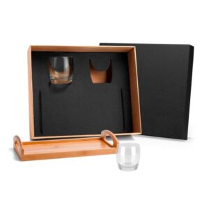 Kit Whisky com Bandeja e Copos 3 Peças Personalizado - MKT-90084 para Brindes de Eventos e Feiras da Zen Brindes.