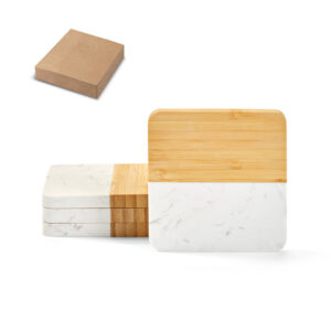 Kit de 4 Porta Copos em Mármore e Bambu Personalizado - S94338 para Brindes de Eventos e Feiras da Zen Brindes.