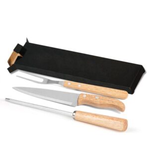 Kit de Garfo Faca e Chaira em Madeira Personalizado - MKF-90426 para Brindes de Eventos e Feiras da Zen Brindes.