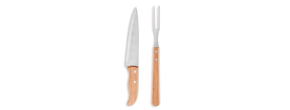 Kit de Garfo e Faca 7" em Madeira Personalizado - MKF-90406 para Brindes de Eventos e Feiras da Zen Brindes.