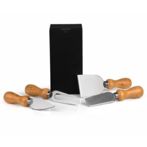 Kit para Queijo Inox e Madeira 4 Peças Personalizado - MCJ-00043 para Brindes de Eventos e Feiras da Zen Brindes.