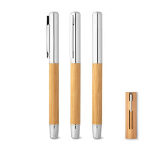 Roller Personalizado em Inox Reciclado e Bambu - S91776 para Brindes de Eventos e Feiras da Zen Brindes.